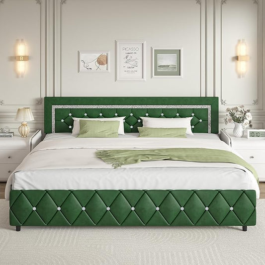BarnFurin King Size Bed Frame with Headboard, Upholstered Bed with Diamond Tufted Design, Wooden Slats Support, No Box Spring Required, Easy Assembly, Green