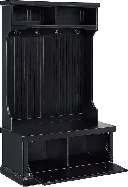 Crosley Furniture Seaside Hall Tree with Shoe Rack Bench and Coat Hooks for Hanging Storage, Distressed Black