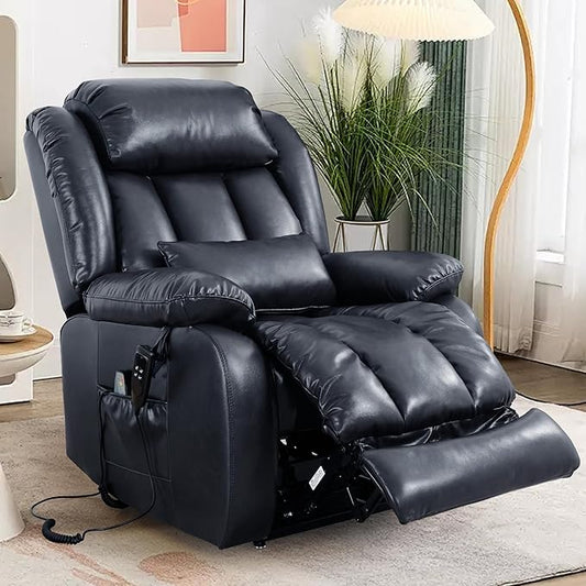 EDILLY Large Reclining Lift Chair, Dual Motor Massage Chair, Genuine Leather Recliner with Heating and Massage for Seniors, with Double Lumbar Cushion and Extended Footrest, USB Port(Blue)
