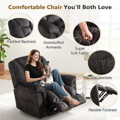 ANJ Rocking Recliner Chair Oversized Swivel Rocker Recliners, Comfy Glider Rocking Chairs for Big Man, Extra Wide Recliners Overstuffed Reclining Chair for Living Room, Grey