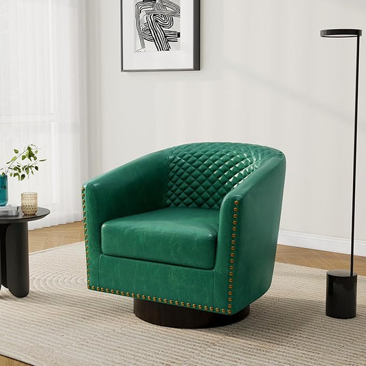 Pia Ricco Faux Leather Swivel Barrel Accent Chairs, 360° Swivel Round Single Sofa Chair, Comfy Upholstered Club Armchair with Nailhead Trim for Living Room/Reading Room/Bedroom, Green