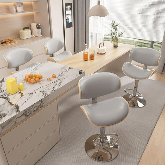 Bar Stools Set of 4, Bar Stools for Kitchen Island with Bentwood Back and Leather Seat, Swivel Barstools for Kitchen Counter, Bar, Grey
