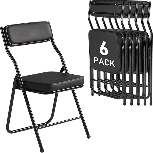6 Pack Padded Folding Chairs with Cushion, Foldable Dining Chair Set Portable Indoor Outdoor Stackable Folding Chairs with Steel Frame for Home Office Events Wedding Party Black
