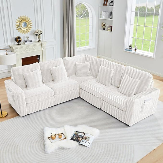 Oversized Corner Modular Sectional Sofa, L Shape Plush Corduroy Fluffy Sectional Couch with Pillows, 5 Seat Modular Sofa with Deep Seat for Living Room-White