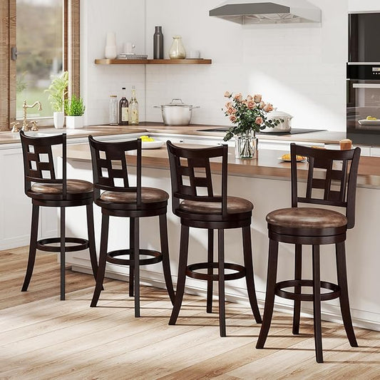 COSTWAY Set of 4 Bar Stools, 30” Swivel Bar Chairs with Footrest, Rubber Wood Frame & Lattice Backrest, Leathaire Bar Height Stools for Kitchen Island (4, 30”)
