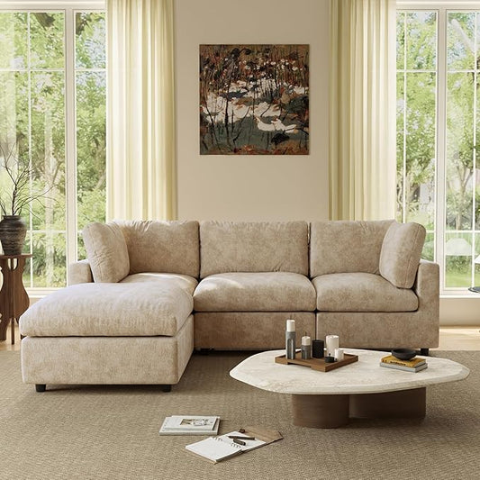 WJShome Modular Sectional Cloud Couch Modern L Shaped Sofa with Ottoman, 100 Inch 3-Seat Chenille Deep Seat Couches for Living Room, Bedroom and Apartment，Khaki