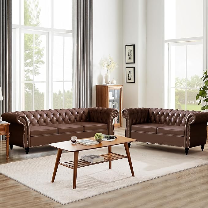 Home Sofa Living Room Furniture, 3 Seater Leather Upholstered Sofa Couch, Modern Comfy Couch with Faux Leather Cushions, Mid Century Tufted Chesterfield Sofas for Bedroom, Office, Apartment (Brown)