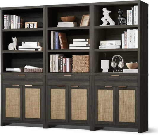 Hampstead Bookcase, Rattan Bookcase with Doors Cabinet and Drawer, 5-Tier Bookshelf, Large Wooden Book Case, Tall Bookshelves for Library Living Room (Midnight Oak, 3 Pieces)