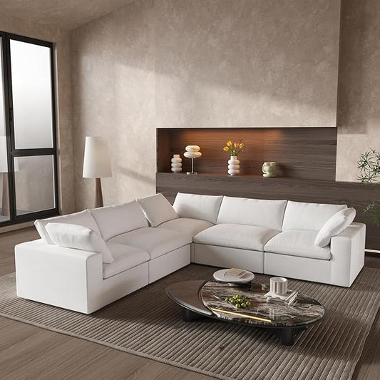 Cloud Couch Modular Sectional Sofa,160.6" Down Filled 5 Seater Convertible Sectional Sofas,V Shaped Couch for Living Room,Covers Washable&Replaceable,White
