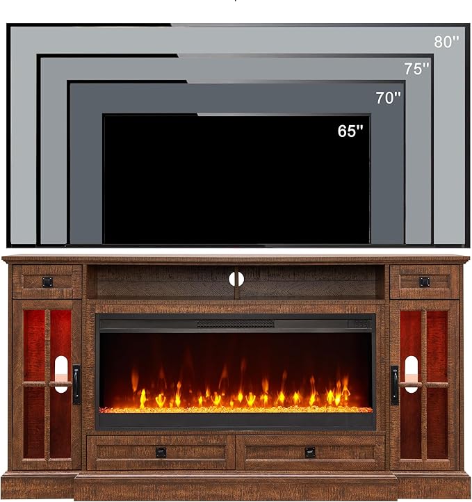 OKD Fireplace TV Stand for 80 Inch TV, Farmhouse Entertainment Center with 42" Fireplace & LED Lights, Modern Media Console Table with Storage Drawers & Cabinets for Living Room, Reclaimed Barnwood