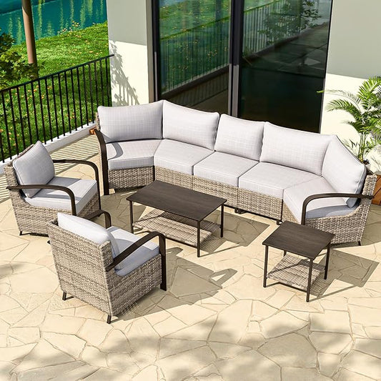 COOS BAY Aurora Terrace Half-Moon Outdoor Furniture Set, Rattan Conversation Set with Patio Chairs, Curved 5-Seat Sofa, Coffee Table & Side Table, Seats 7, Beige/Beige