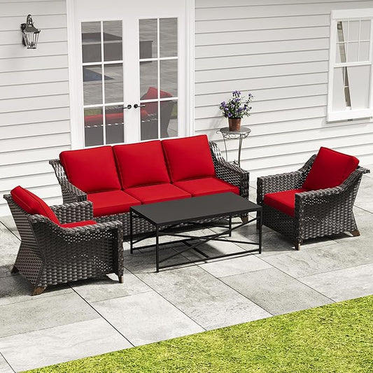 4 Pieces Outdoor Conversation Furniture Set - 77" Patio Sofa, 2 Wicker Armchairs, 1 Metal Coffee Table, Patio Wicker Furniture Set with Water-Resistant Cushions for Sunroom (Red)