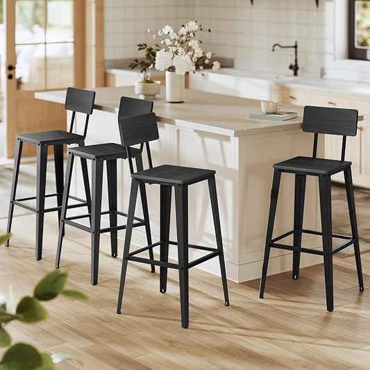 VASAGLE Set of 4 Bar Stools, Bar Height Stools, 29.1 Inches Tall Barstools with Back, Counter Bar Chairs for Kitchen Island, Steel Frame, Industrial Style, Easy Assembly, Ash Black and Ink Black