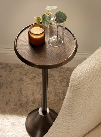 Kate and Laurel Sanzo Modern Pedestal Drink Table, 9 x 9 x 23, Bronze, Decorative End Table with Hammered Tabletop