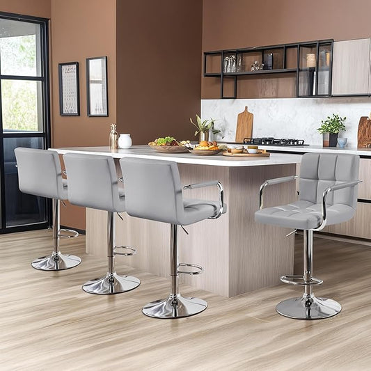 Yaheetech Bart Stools Set of 4, PU Leather Adjustable Barstools with Armrest, Counter Height Stool Chairs with Thickened Seat Cushion for Kitchen Island, Light Grey