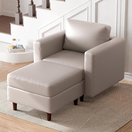 ABCASA Faux Leather Accent Chair with Ottoman,Upholstered Armchair with Storage,Extra-Deep-Seated Modular Single Sofa,Reading Chair with Footrest for Living Room Lounge Chair Whitesand