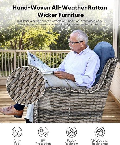 HUMMUH 8 Pieces Wicker Patio Furniture Set with Patio Swivel Chairs Set of 4,High Back Outdoor Sofa Coffee Table Ottomans,6 Inch Thick Cushions Outdoor Conversation Set for Porch, Balcony, Deck