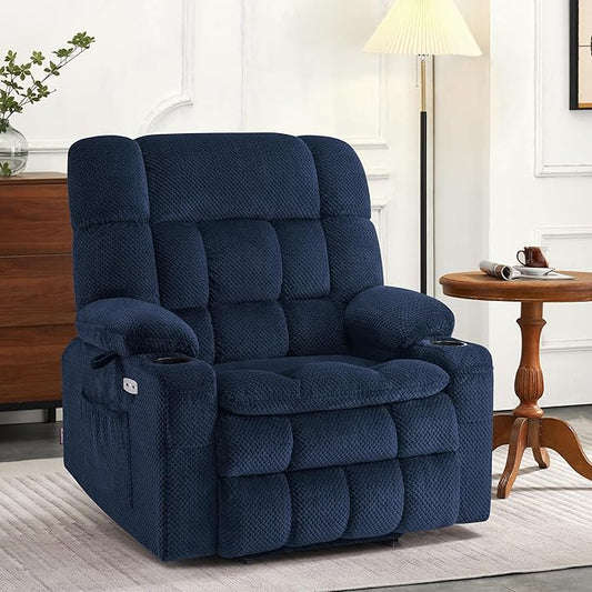 MCombo Dual Motor Power Lift Recliner Chair for Elderly, Lay Flat Lift Chair with Heat and Massage, Extra Wide Lift Recliner for Big People, Cup Holders, Fabric R7897 (Medium-Wide, Navy Blue)