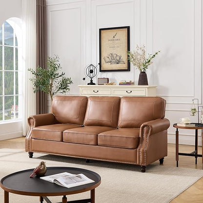 Kingfun Mid-Century Modern Couch, Faux Leather Sofa, 3 Seater Couch for Living Room with Rolled arms & Nailhead Trim, Brown