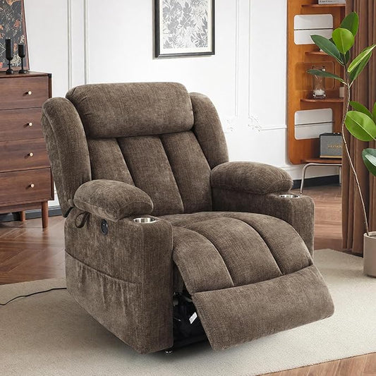 Dual Motor Lift Recliner Chair - Durable Heavy Duty Steel Mechanism Chenille Fabric High-Density Sponge, USB & Type-C Port Brown Standing Assistance Reclining Chair