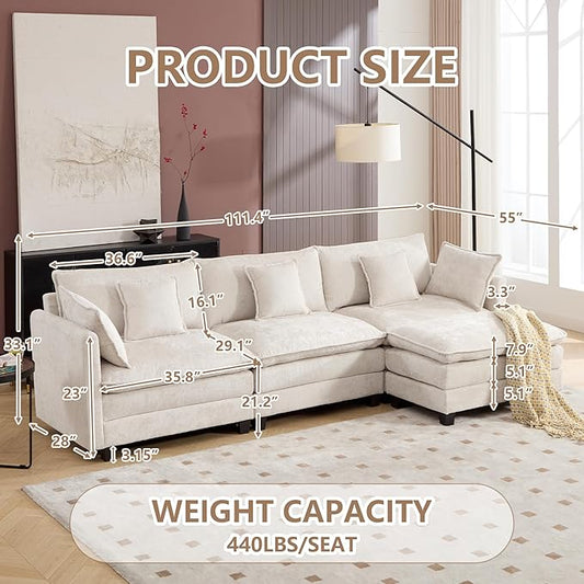 Plush Modular Cloud Sofa Set with Ottoman | L/U-Shaped Deep Seating Chenille Sectional for Family Living Room