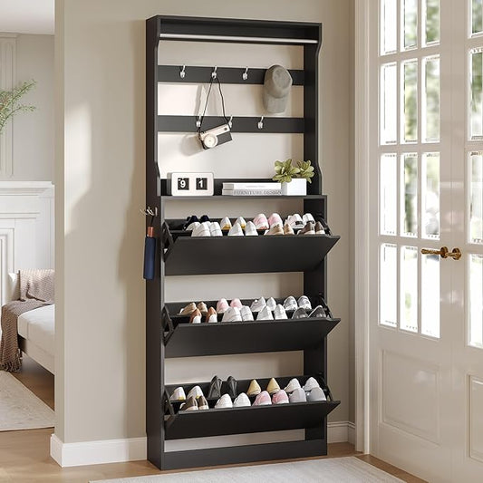 Tall Shoe Cabinet with Coat Rack, Hidden Shoe Storage Cabinet with Doors & Drawer, Hanging Bar & Hooks, Slim Narrow Freestanding Shoe Rack Organizer for Entryway, Hallway & Living Room, Black