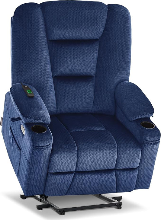 MCombo Oversized Power Lift Recliner Chair with Massage and Heat for Big and Tall Elderly People, Cup Holders, USB Ports, Side Pockets, Fabric R7541 (Navy Blue, Large-Oversize)