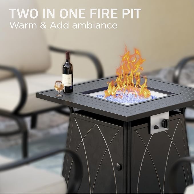 PHI VILLA 5 Piece Patio Furniture Set with 28" Firepit Table, 4 Outdoor 5.75" Cushioned Metal Frame Swivel Sofa Chairs & 28" Gas Firepit Table, Outside Furniture Set for Lawn Garden(Light Blue)