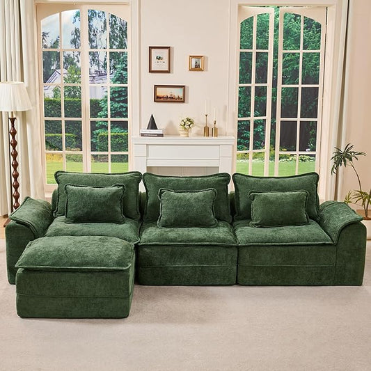 Hobestluk 120" Cloud Modular Sectional Couch 3-Seater Sofa with Ottoman L Shaped Sofa with Removable Cover Large Sofa Couch for Living Room (Green, 3-Seater Sofa with One Ottoman)