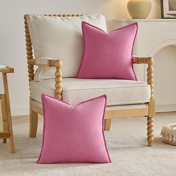 FUTEI Hot Pink Chenille Throw Pillow Covers 12x20 Inch Set of 2,Edges Double-Stitched Lumbar Pillow Cases,Modern Home Decor for Couch Living Room
