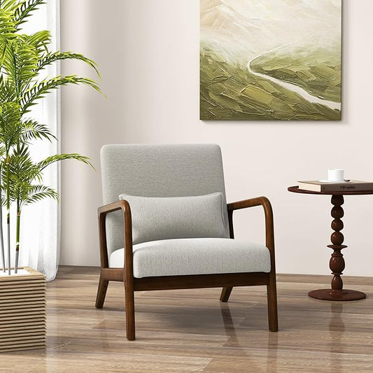 KOMFOTT Mid-Century Modern Accent Chair, Indoor Living Room Leisure Chair with Cushioned Seat & Back, Upholstered Armchair with Rubber Wood Frame & Lumbar Pillow, Lounge Chair for Bedroom, Grey