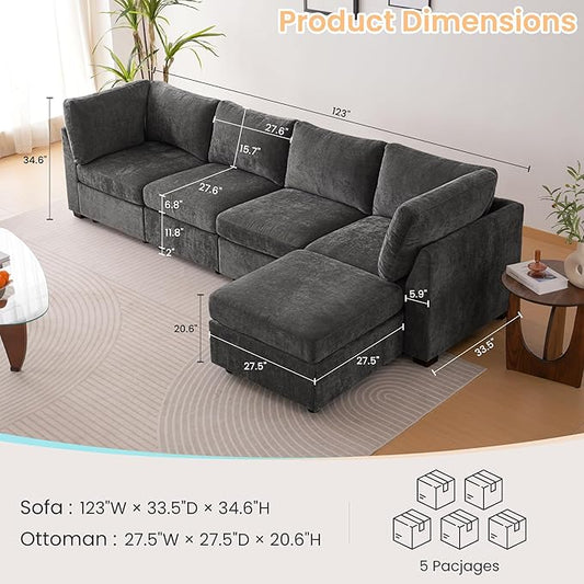 TEKAMON 123" Modular Sectional Sofa with Ottoman,Extra Large Comfy Cloud 4-Seat Deep Seat, Reversible Chaise Modular Sectional Couches for Living Room and Apartmenr,Grey