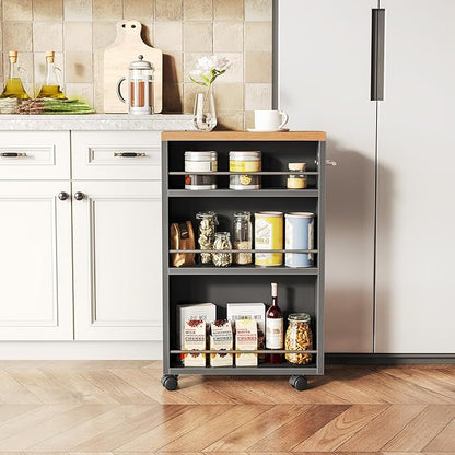 LITTLE TREE Slim Rolling Storage Cart, 3 Tier Snack Cart with Wheels for Kitchen, 6.3 Inch Wide Bathroom Organizer Shelves, Wooden Utility Cart for Laundry Room, Black
