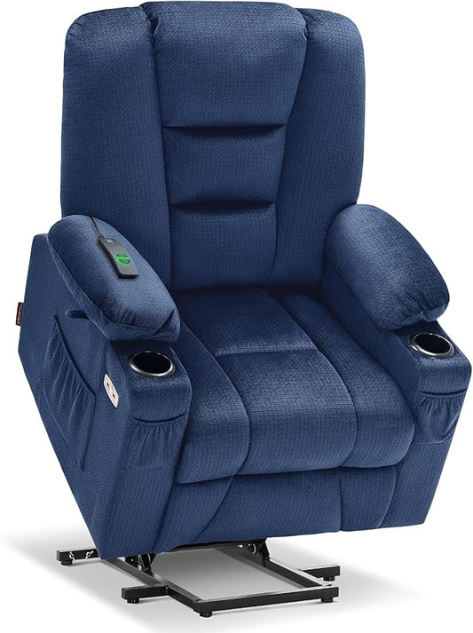 MCombo Power Lift Recliner Chair with Massage and Heat for Elderly People, Cup Holders, USB Ports, Side Pockets, Fabric 7529 (Medium, Navy Blue)