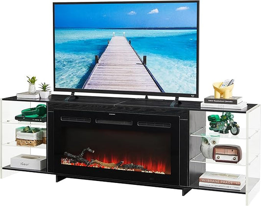 VECELO Fireplace TV Stand for Televisions up to 75" with 3D Flame/13 Colors, Modern Media Entertainment Center Console Table with LED Lights, 3 Tier Transparent Storage Shelves, for Living Room, Black