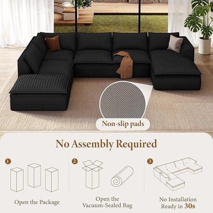 Vesgantti 141.7" Oversized Sectional Boneless Couch, Modern 7 Seater Modular Sofa with Chaise, Deep Seat Convertible Plush Corduroy Cloud Couches for Living Room, No Assembly Required, Black