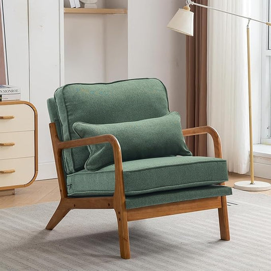 Mid-Century Accent Chair,Linen Fabric Lounge Chair with Wide Armrest,Linen Fabric Armchair with Lumbar Pillow & Solid Wood Frame for Living Room, Bedroom, Balcony(Green)