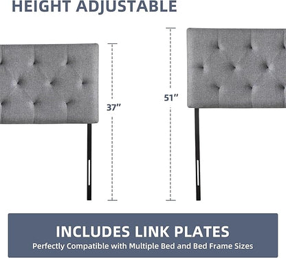 Linen Upholstered Headboard Full Size, Modern Diamond Tufting Solid Wood Full XL Headboard Only, Adjustable Height from 37” to 51” Head Board, Bed Frame or Wall Mount Headboards, Light Grey