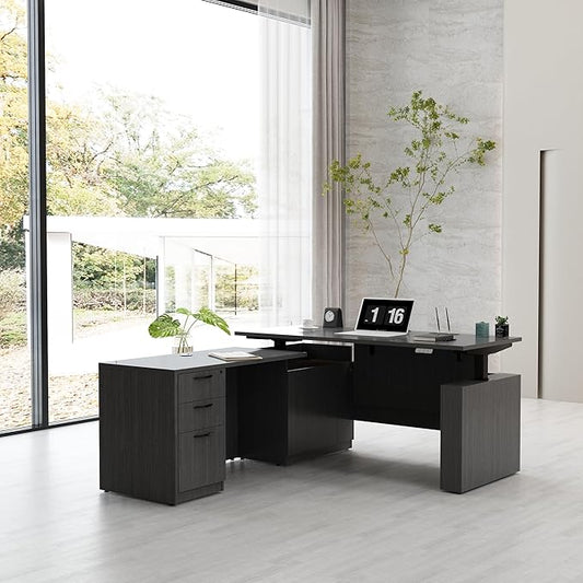 66.93'' Height Adjustable L-Shaped Executive Desk with Drawers and Shelves (Grey)