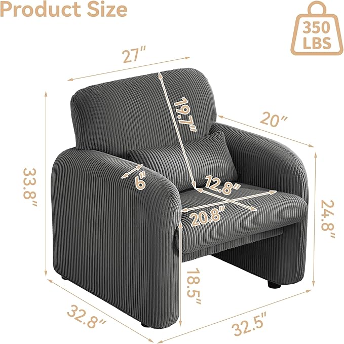 Corduroy Fabric Accent Chair, Modern Upholstered Living Room Chairs with Lumbar Pillow, Wide Comfy Leisure Armchair for Bedroom, Office, Reading, Grey