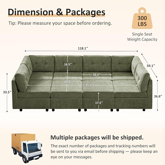 VANOMi 118" Cloud Sectional Couches for Living Room, 8 Seater Convertible Modular Sectional Sofa Bed, Comfy Chenille Sofas & Couches for Living Room, Apartment, Office, Green, Large Sofa Bed