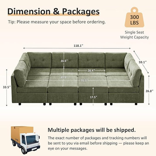 VANOMi 118" Cloud Sectional Couches for Living Room, 8 Seater Convertible Modular Sectional Sofa Bed, Comfy Chenille Sofas & Couches for Living Room, Apartment, Office, Green, Large Sofa Bed