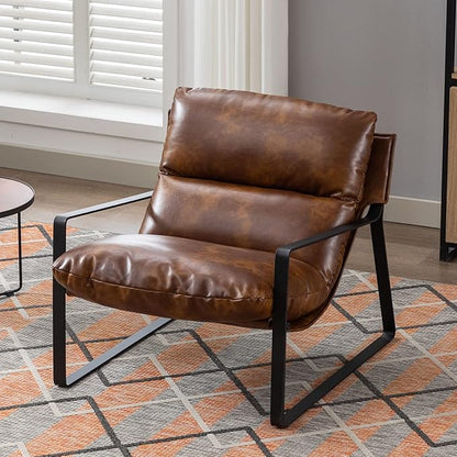 DUOMAY Mid-Century Accent Chair Armchair, Comfy PU Leather Leisure Chair Lazy Chair with Metal Leg for Living Room Bedroom Office Apartment, Brown
