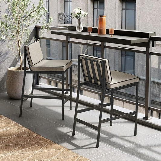 mopio Odelia Patio Counter Stool Set of 2, Outdoor Chair with Removable Cushions and Rust Free Metal Frame, Dining Sets for Front Porch, Balcony, Yard, Bistro (Counter Stool x2, Beige)