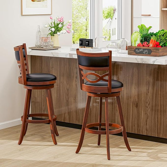 COSTWAY Bar Stools Set of 2, 29.5” Bar Height Stools with Rubber Wood Frame, Faux Leather Upholstered Seat and Backrest, Swivel Barstools for Kitchen Island, Pub, Brown (2, Seat Height: 29.5”)