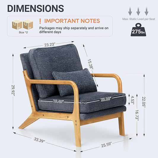 Modern Accent Chair Set of 2 with Lumbar Pillow, Relaxing Mid Century Chair Armchair with Solid Wood Frame & Soft Cushion, Reading Leisure Armchair for Living Room, Blue