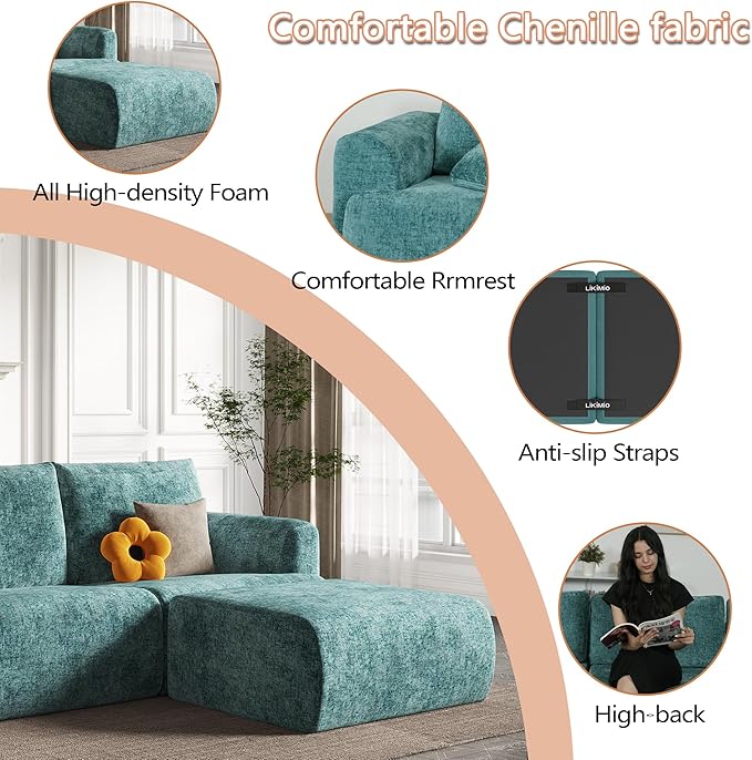 EASE MOOSE Oversized Sectional Cloud Couch, 8-Seat Modular Couch Set, Corner V-Shaped Deep-Seat Boneless Sofa, No-Assembly Chenille Sofa for Living Room, Blue