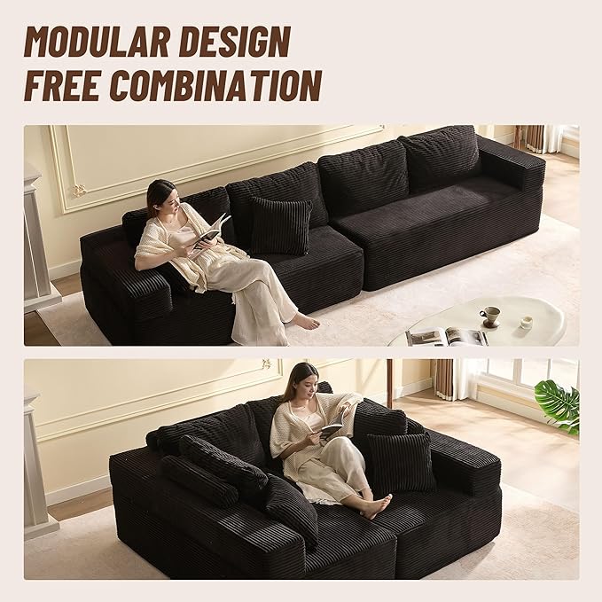 138" Modular Sofa Memory Foam Sectional Couches for Living Room, Sleeper Sofa Bed, Corduroy, Black