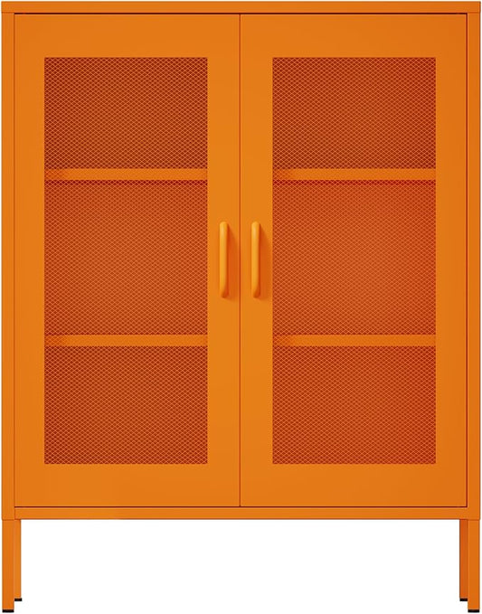 Metal Storage Cabinet with Mesh Doors,Steel Display Cabinet with Adjustable Shelves,Metal Office Storage Locker for Home Office,Garage (Orange, 40''H)