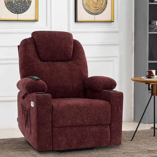 MCombo Power Lift Recliner Chair for Elderly, Lift Chair with Heat and Massage, USB&Type C Ports, Extended Footrest, Cup Holders, Fabric 7040 (Medium, Sangria)